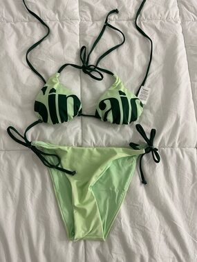 Green Two-Piece Bikini with Dark Green Script Accents
